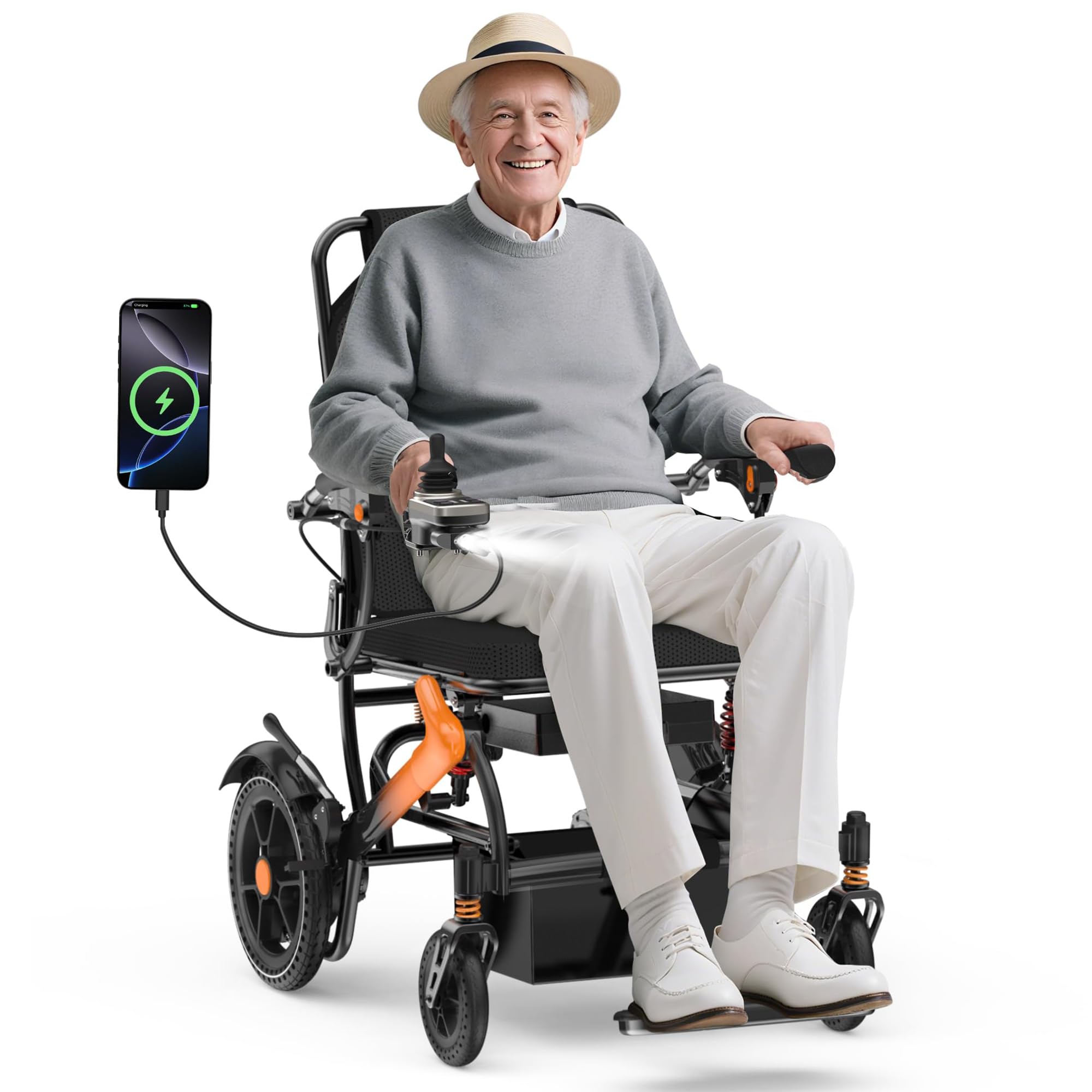 BIQISSI Lightweight Electric Wheelchair for Adults, 36LBS Portable Motorized Wheelchair for Seniors, 500W Brushless Motor, Airline Approval, LED Lights, Orange,15 MI