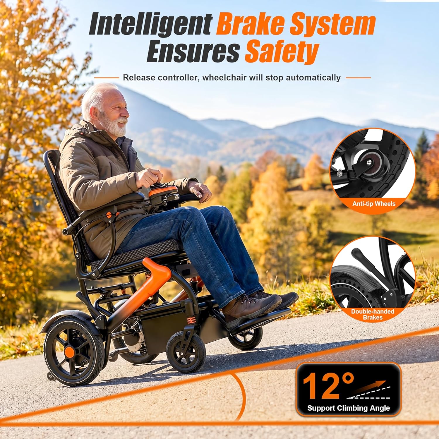 BIQISSI Lightweight Electric Wheelchair for Adults, 36LBS Portable Motorized Wheelchair for Seniors, 500W Brushless Motor, Airline Approval, LED Lights, Orange,15 MI