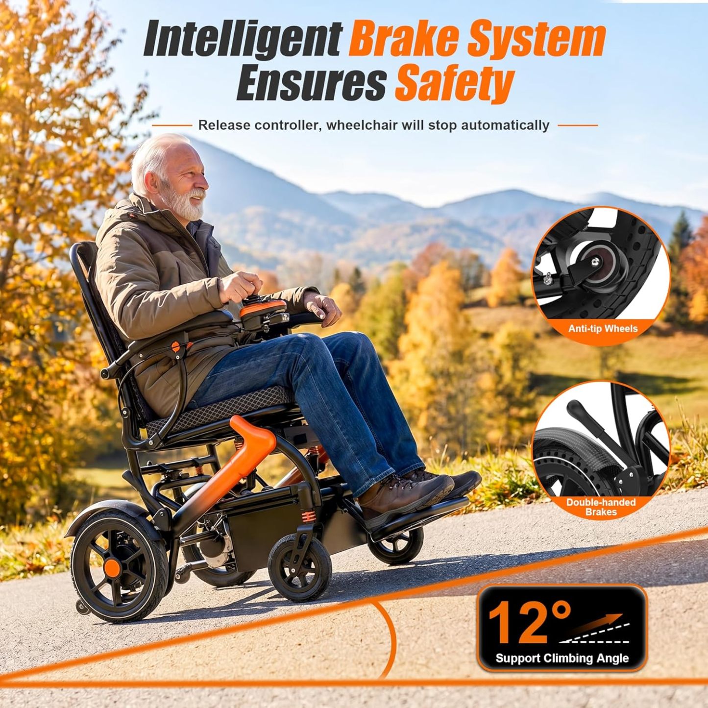BIQISSI Lightweight Electric Wheelchair for Adults, 36LBS Portable Motorized Wheelchair for Seniors, 500W Brushless Motor, Airline Approval, LED Lights, Orange,15 MI