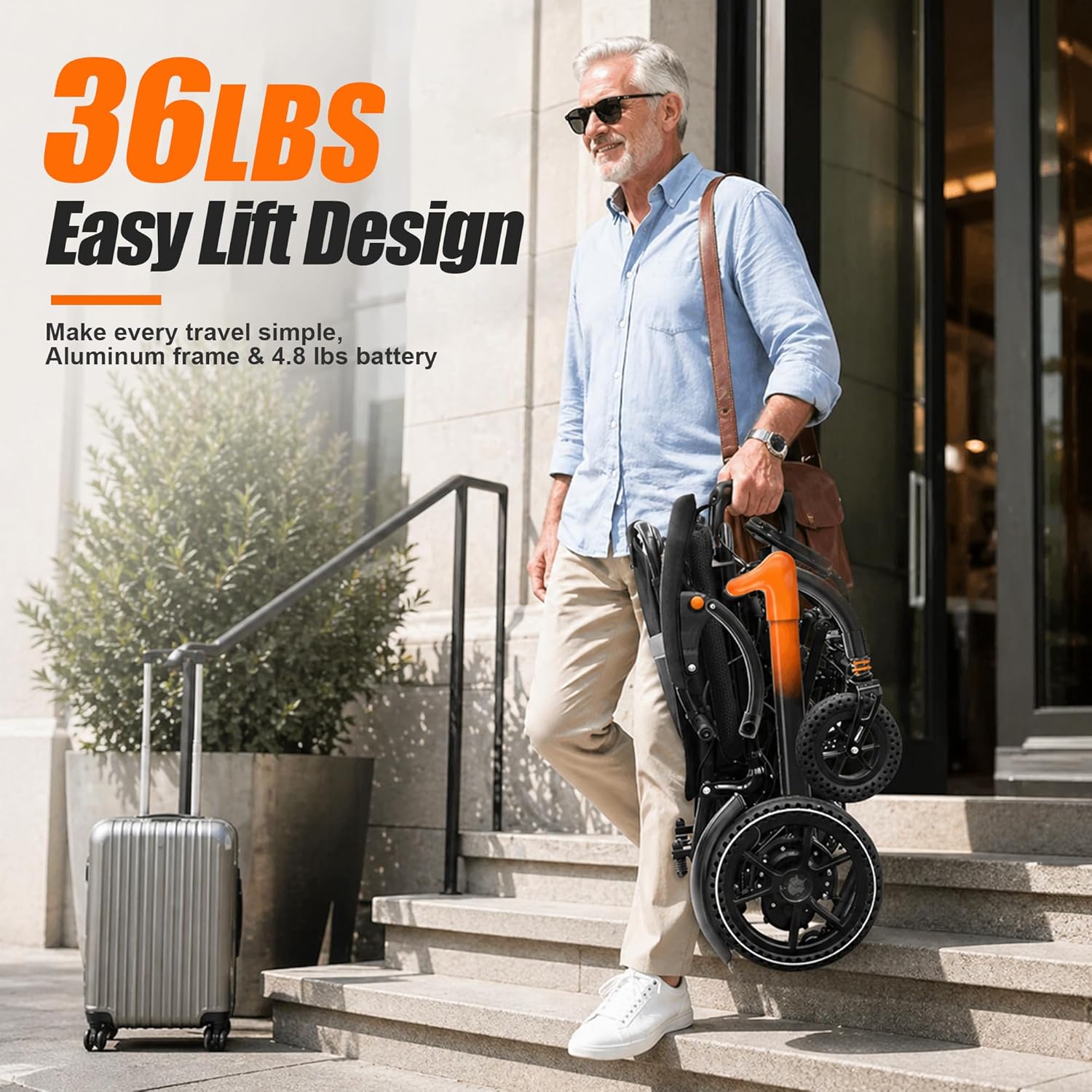 BIQISSI Lightweight Electric Wheelchair for Adults, 36LBS Portable Motorized Wheelchair for Seniors, 500W Brushless Motor, Airline Approval, LED Lights, Orange,15 MI