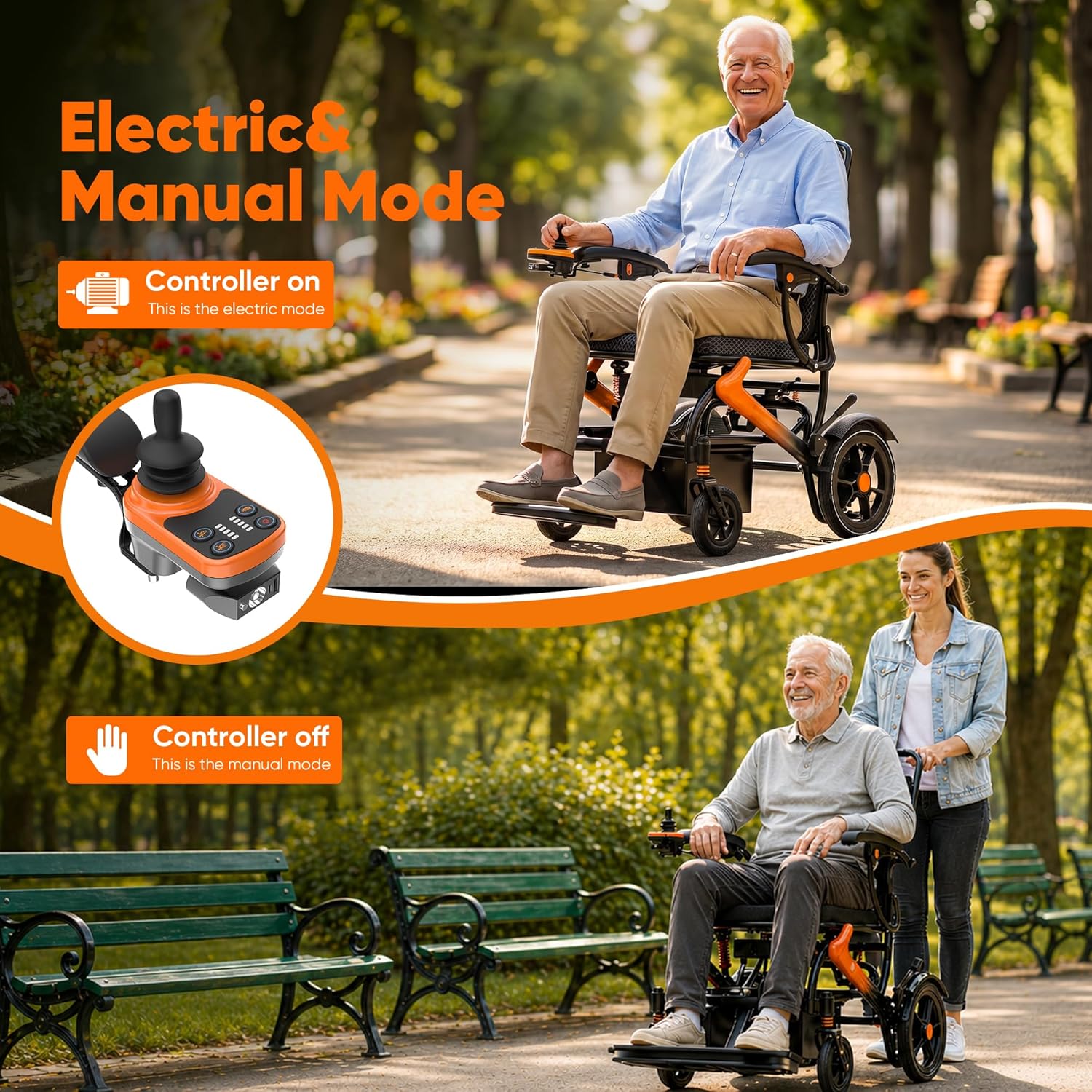 BIQISSI Lightweight Electric Wheelchair for Adults, 36LBS Portable Motorized Wheelchair for Seniors, 500W Brushless Motor, Airline Approval, LED Lights, Orange,15 MI