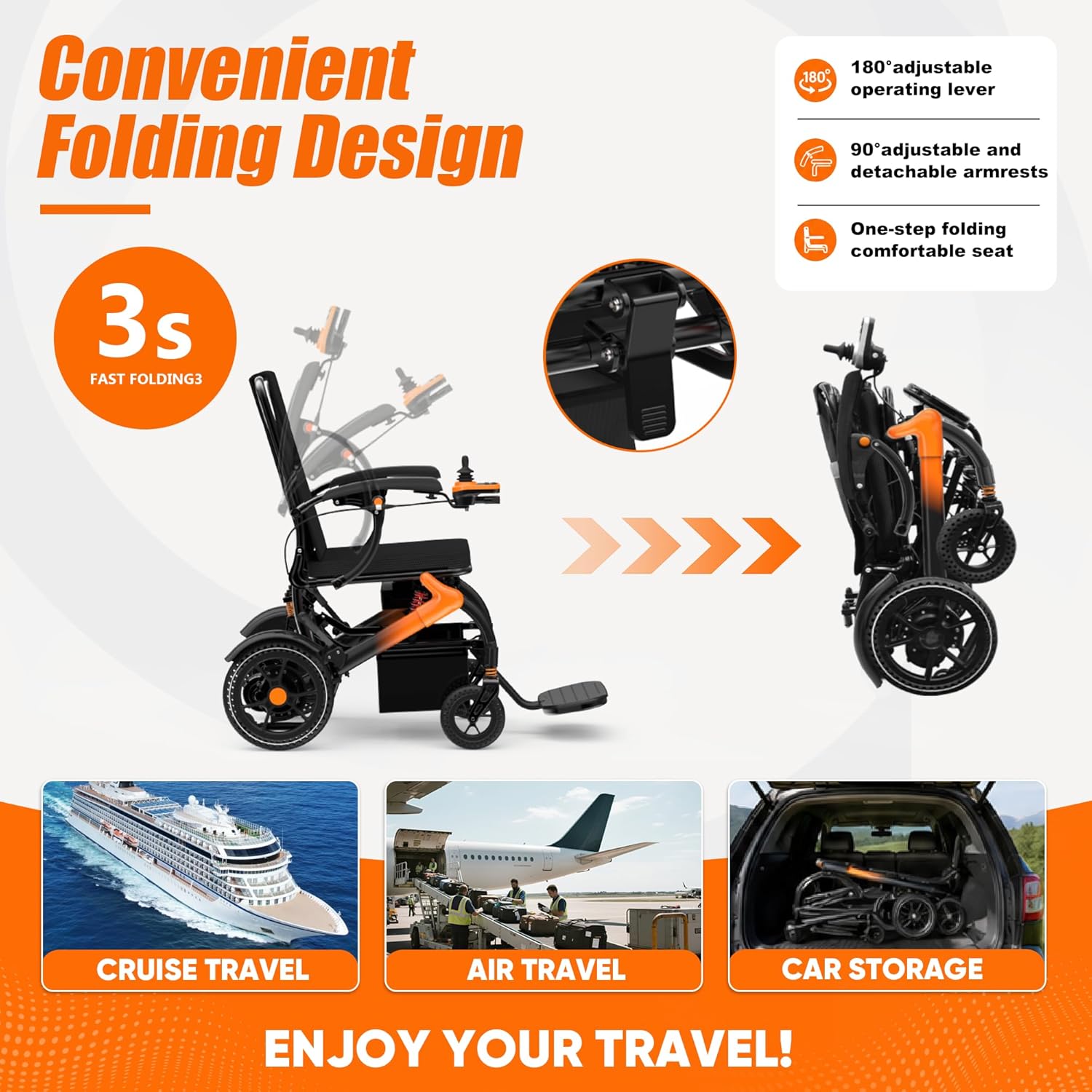 BIQISSI Lightweight Electric Wheelchair for Adults, 36LBS Portable Motorized Wheelchair for Seniors, 500W Brushless Motor, Airline Approval, LED Lights, Orange,15 MI