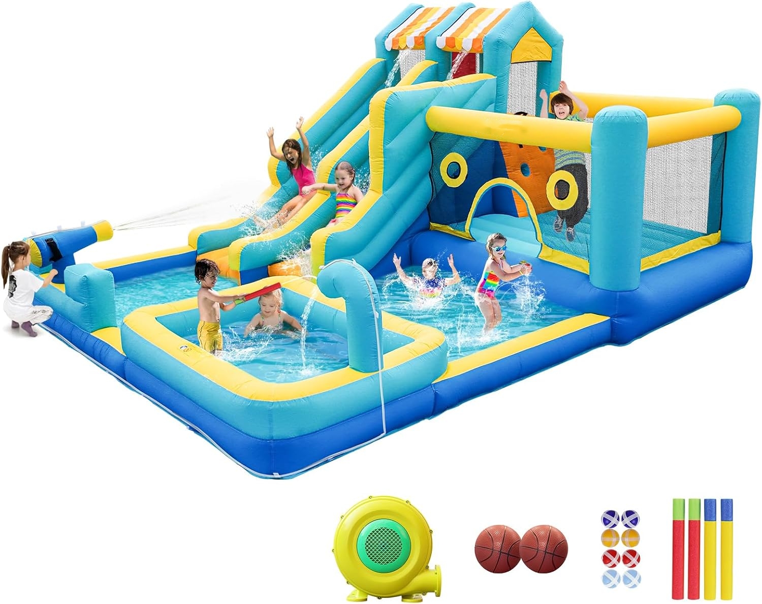 Inflatable Bounce House, 10 in 1 Double Water Slide Bounce House for Kids Indoor Outdoor Backyard