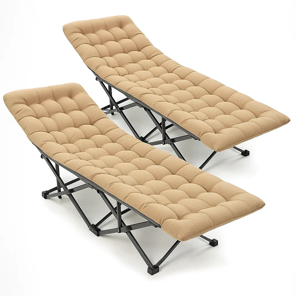 Lit de camping pliable en métal noir avec tissu beige lot de 2