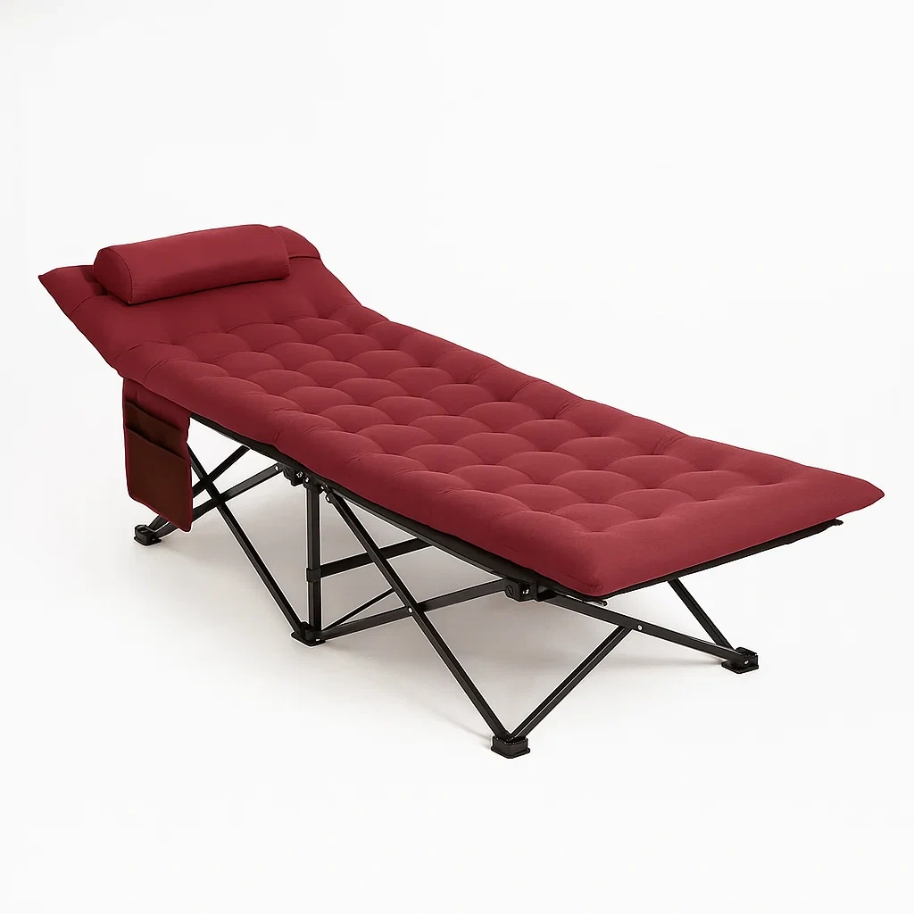 Lit de camping pliable en métal avec matelas en tissu rouge