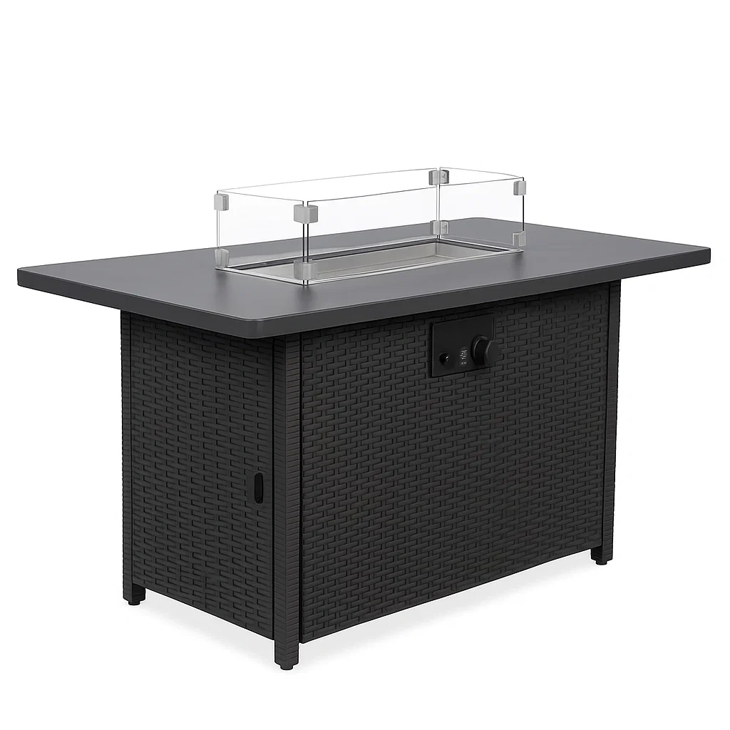 Foyer extérieur en résine tressée noire avec panneau en acier et verre trempé