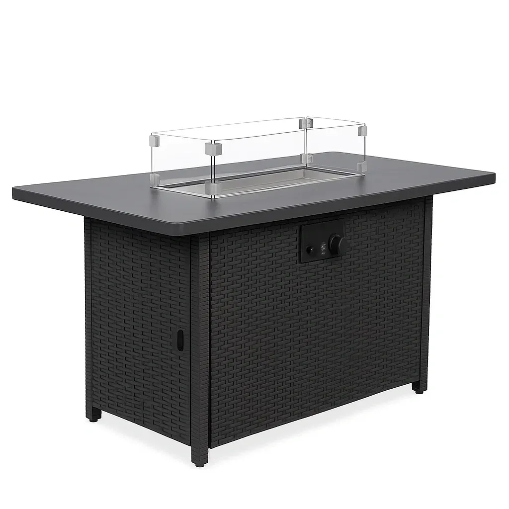 Foyer extérieur en résine tressée noire avec panneau en acier et verre trempé