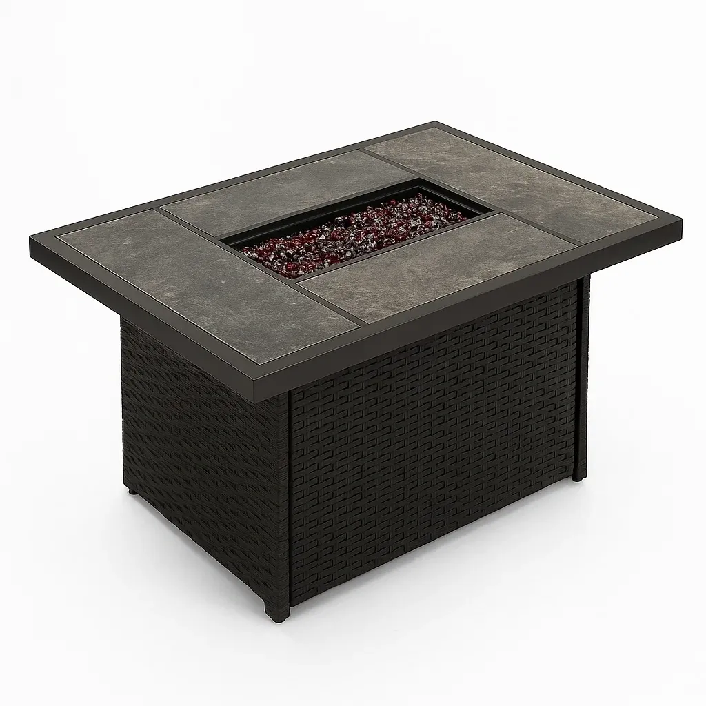 Foyer extérieur chauffant en acier et rotin noir 107x61x60 cm