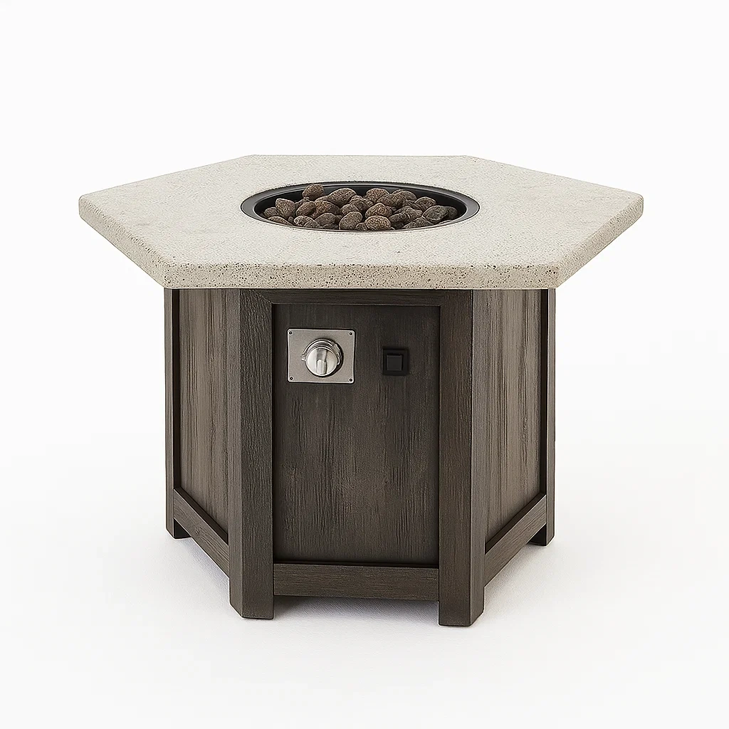 Foyer extérieur en bois composite marron et ciment