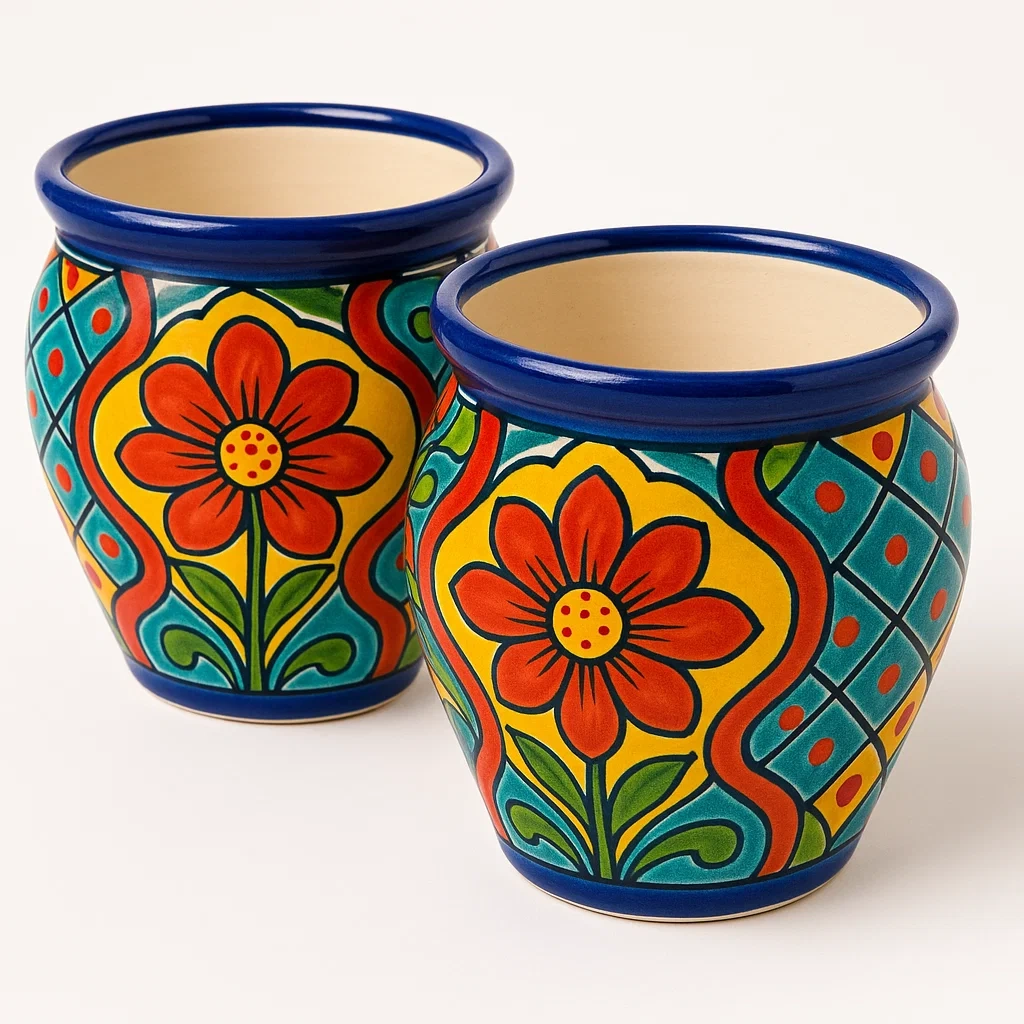 Pot de fleur en céramique peinte à la main motif floral, lot de 2