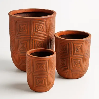 Pot de fleur cylindrique en céramique à motif géométrique marron, lot de 3
