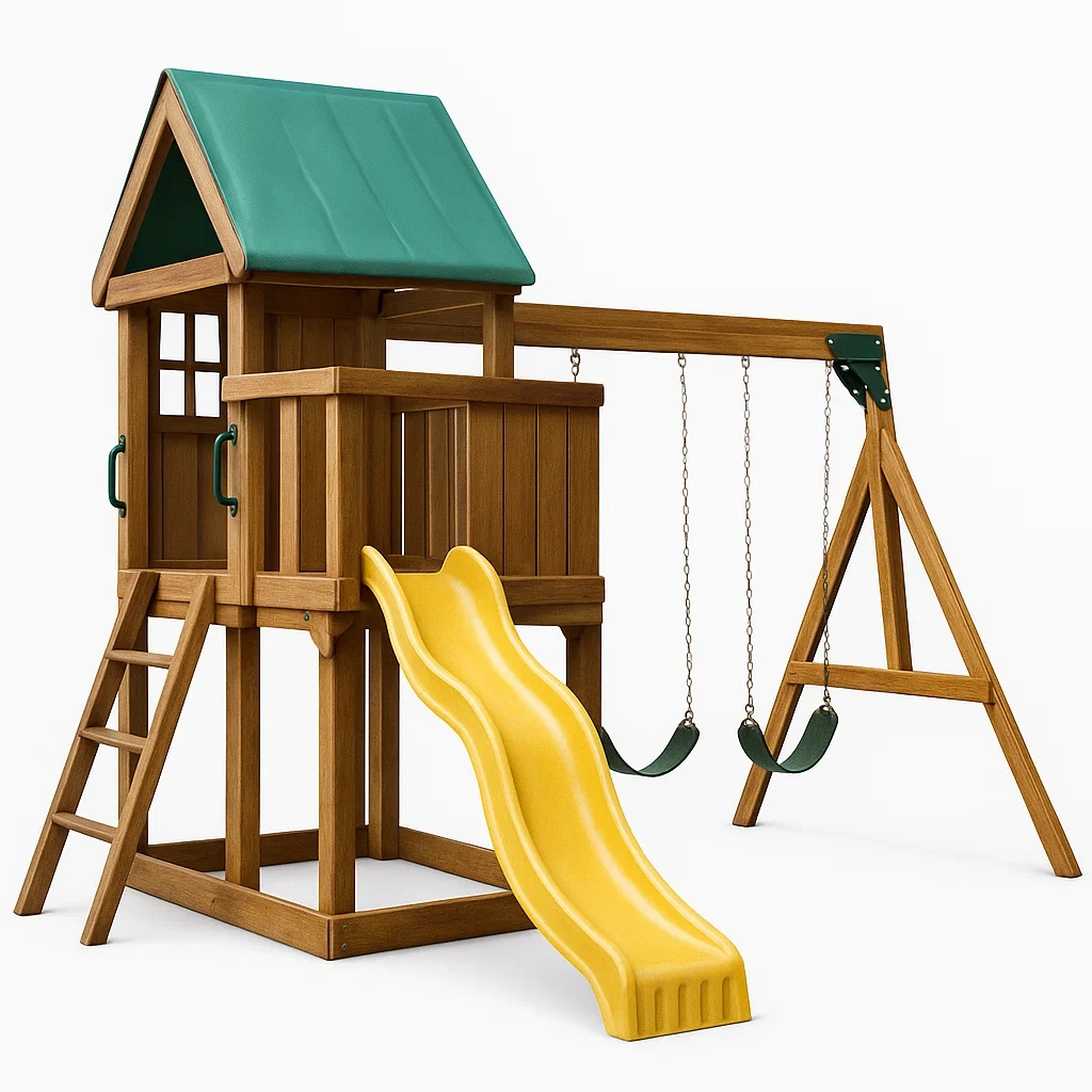 Aire de jeux en bois avec toboggan jaune et balançoire