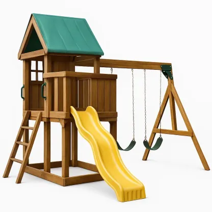 Aire de jeux en bois avec toboggan jaune et balançoire