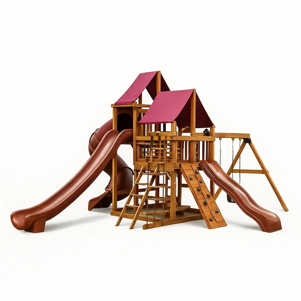 Aire de jeux en bois avec toboggans et balançoire