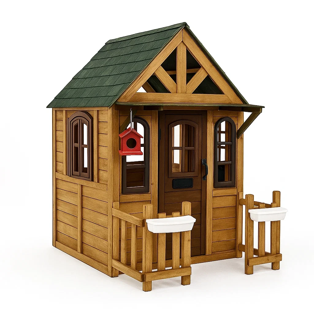 Maison de jeu en bois marron avec toit vert