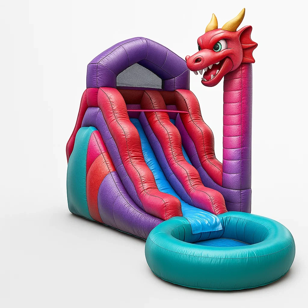 Structure gonflable en PVC avec toboggan dragon multicolore