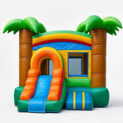 Château gonflable pour enfant en PVC multicolore avec toboggan et palmier