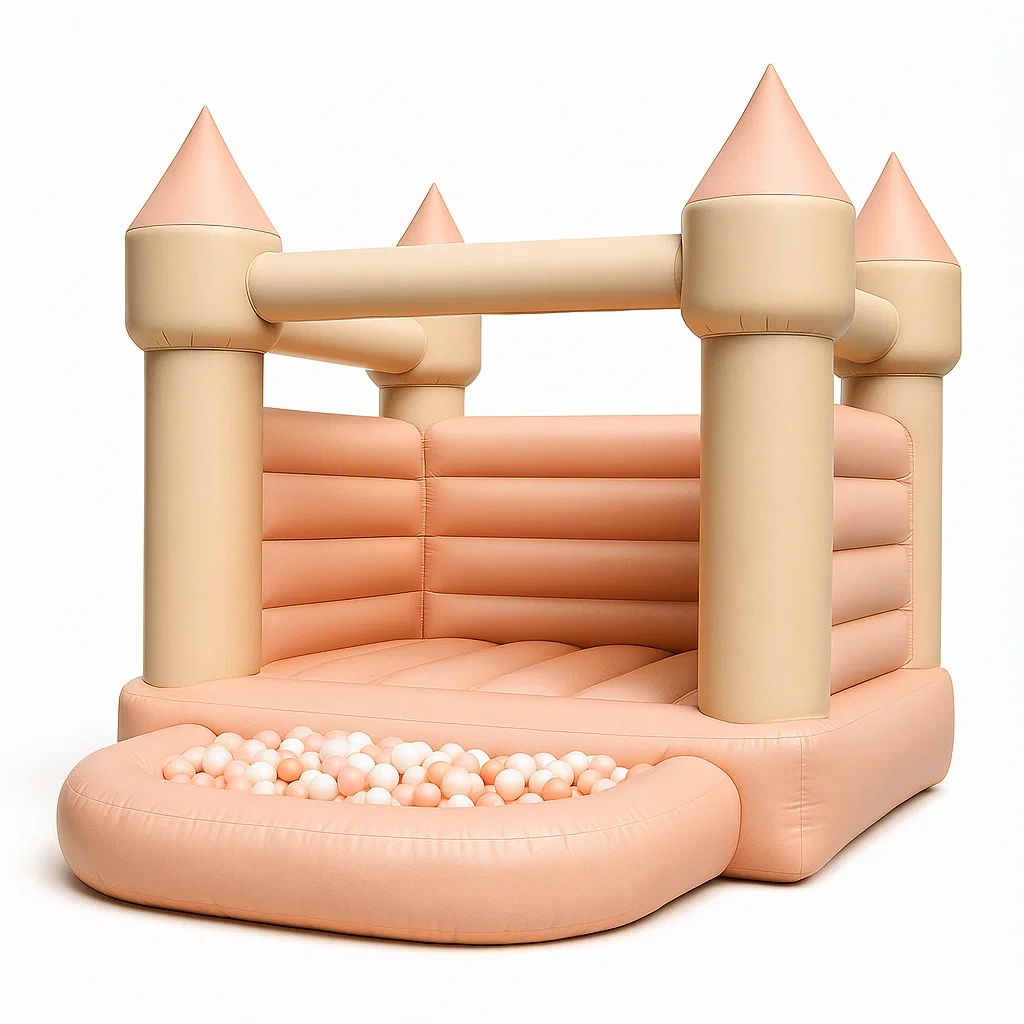 Château gonflable en PVC beige et rose avec piscine à balles 300x250x210 cm
