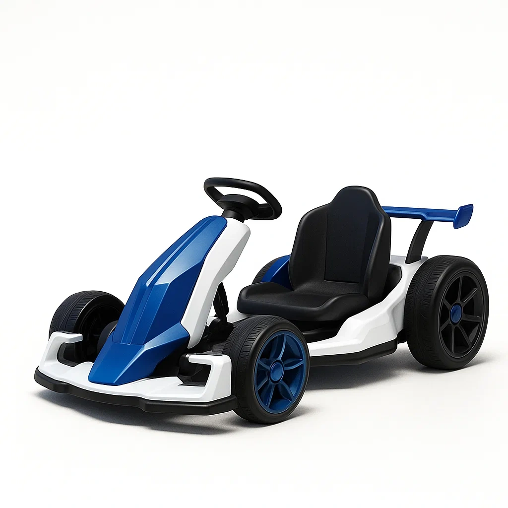 Véhicule pour enfant électrique en plastique bleu et blanc