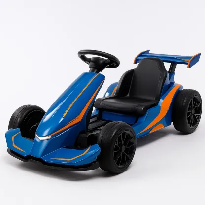 Véhicule pour enfant à pédales en plastique bleu et orange avec siège réglable