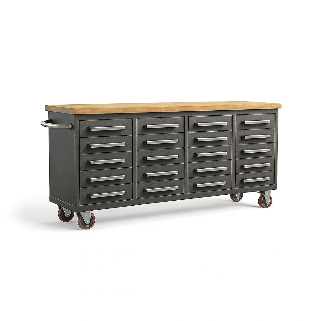 Armoire de garage mobile en métal et bois avec 20 tiroirs