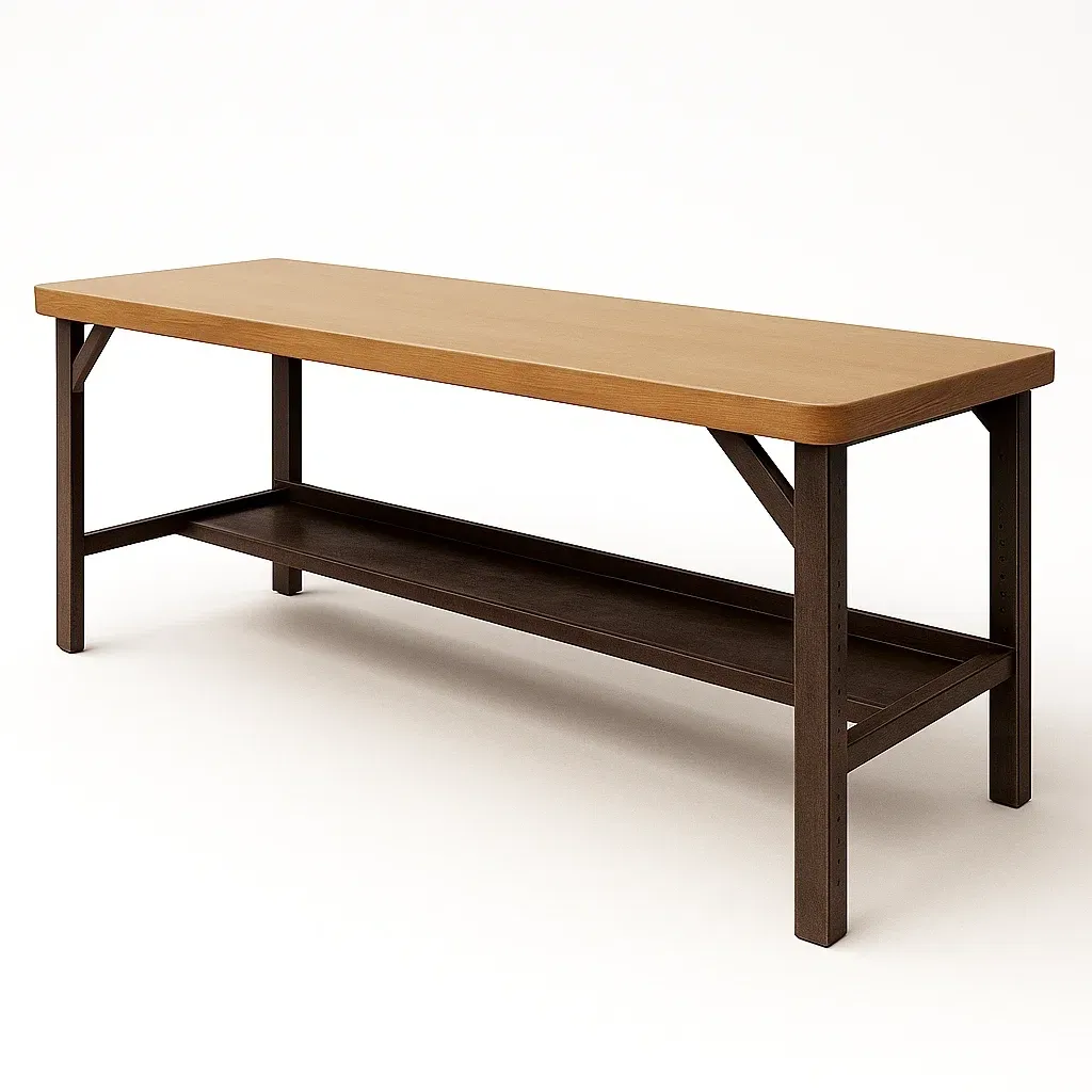 Établi rectangulaire en bois et métal avec étagère