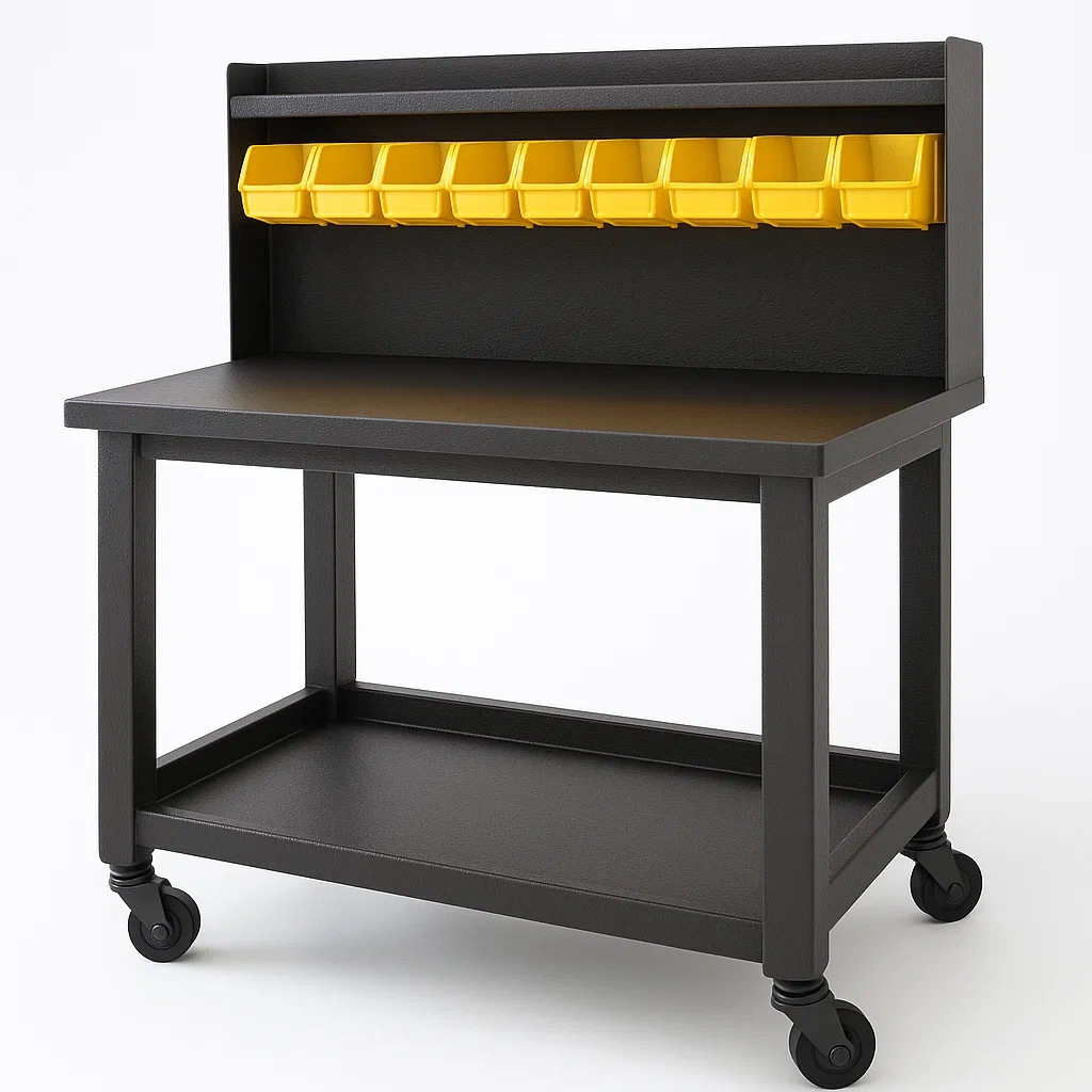 Établi en métal noir avec bacs de rangement jaunes