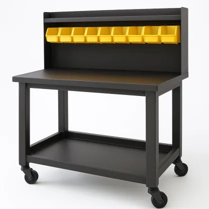 Établi en métal noir avec bacs de rangement jaunes