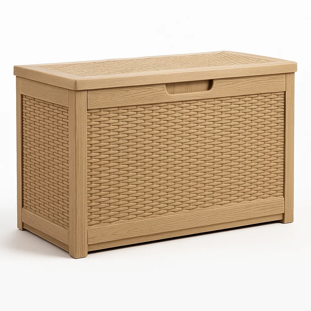 Coffre de terrasse en résine imitation rotin beige 80x40x50 cm