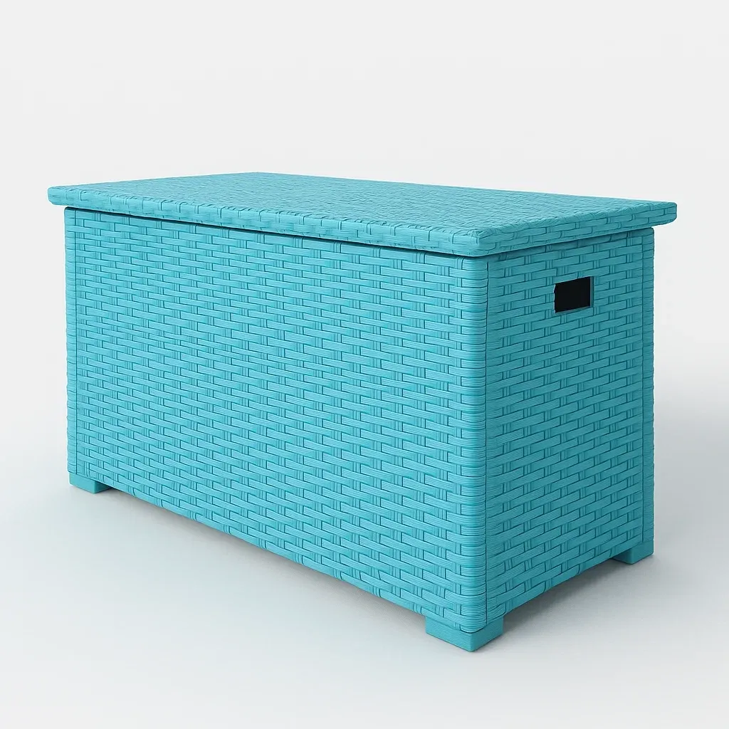 Coffre de terrasse en plastique tressé bleu 120x60x50 cm