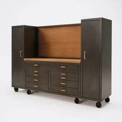 Armoire à outil en métal noir avec plateau en bois et roulettes