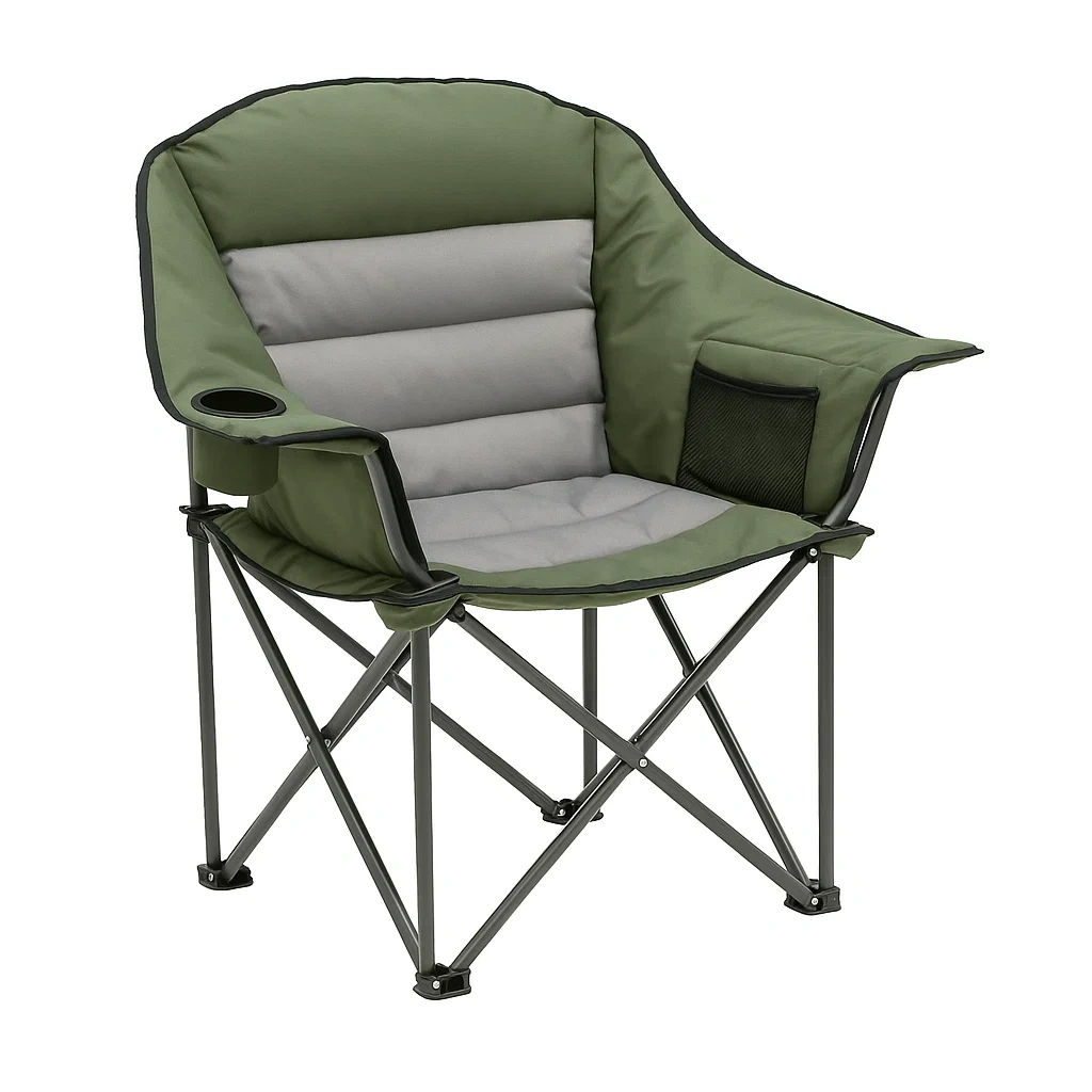 Chaise de camping pliante en acier avec tissu polyester vert et gris