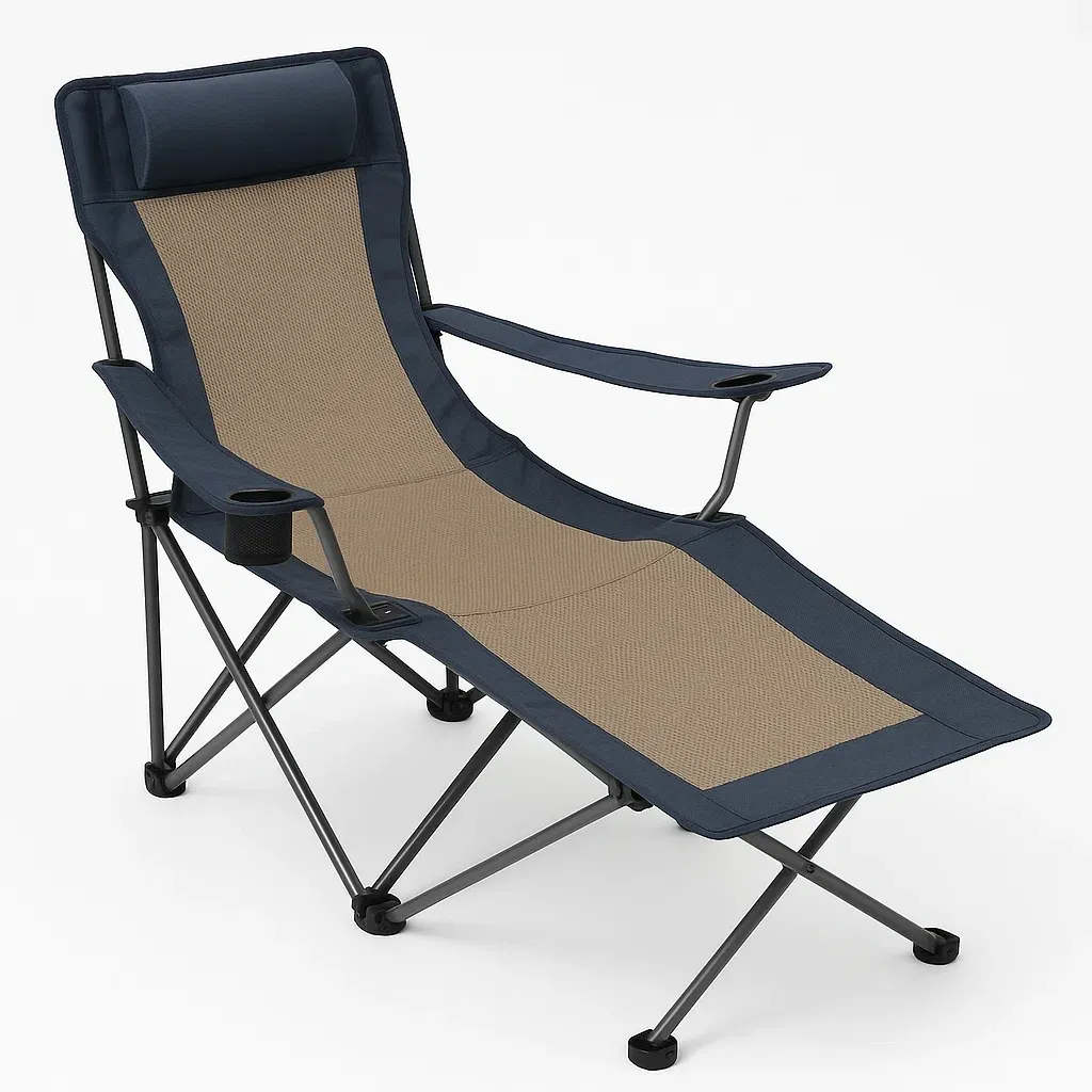 Chaise de camping longue pliante en tissu beige et gris avec structure en acier