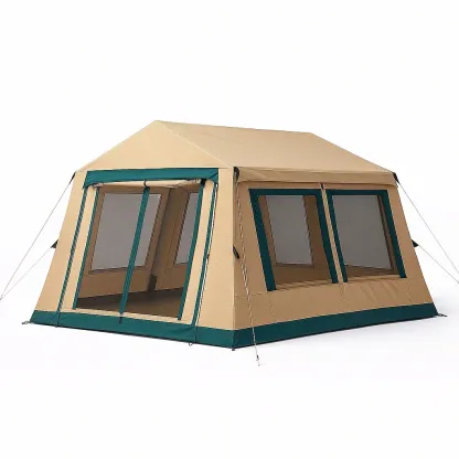 Tente de camping rectangulaire en polyester beige et vert pour 8 personnes