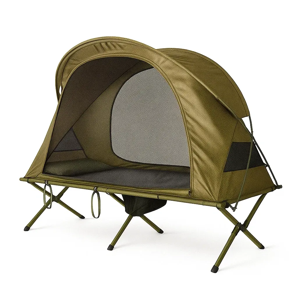 Tente de camping pliable avec lit en polyester et structure en acier vert