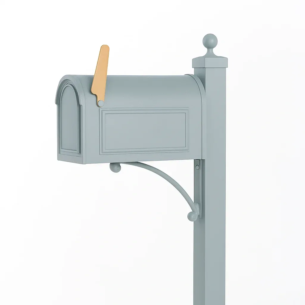 Boîte aux lettres en métal gris avec levier en bois