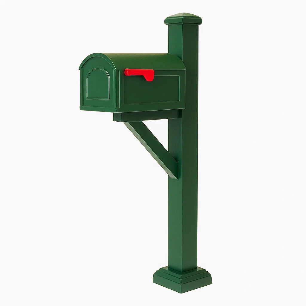 Boîte aux lettres en plastique vert avec poteau