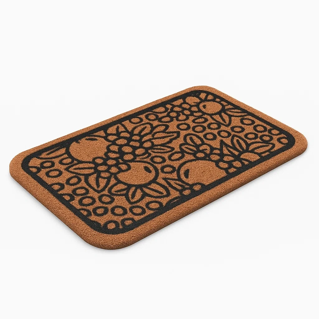 Tapis d'entrée rectangulaire en fibre de coco noir et marron 60x40 cm avec motif floral
