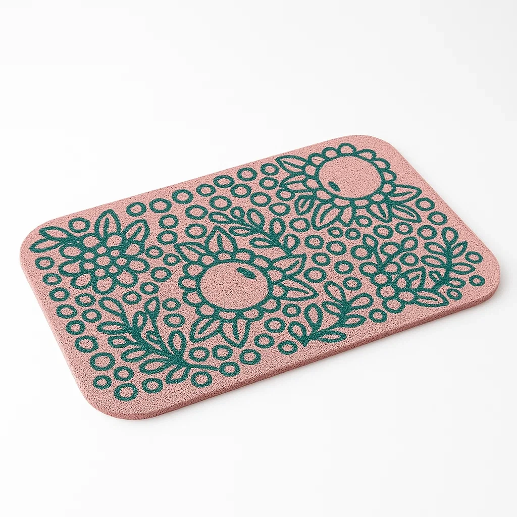 Tapis d'entrée en mousse motif floral rectangulaire rose et vert 70x50 cm