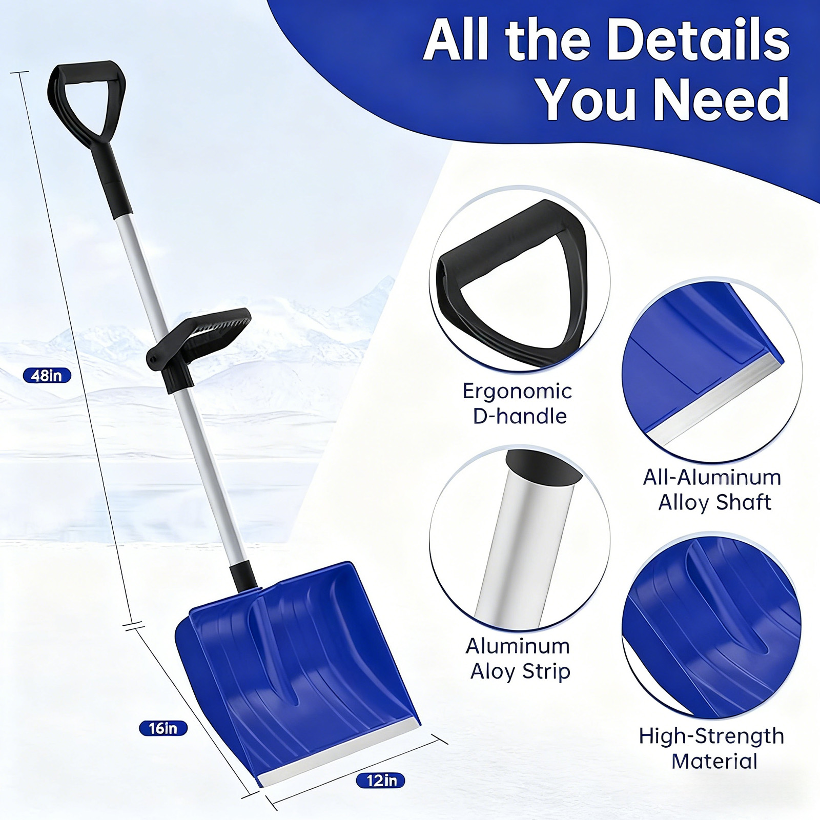 Ergonomic Aluminum Alloy Snow Shovel - Heavy Duty & Easy Assembly