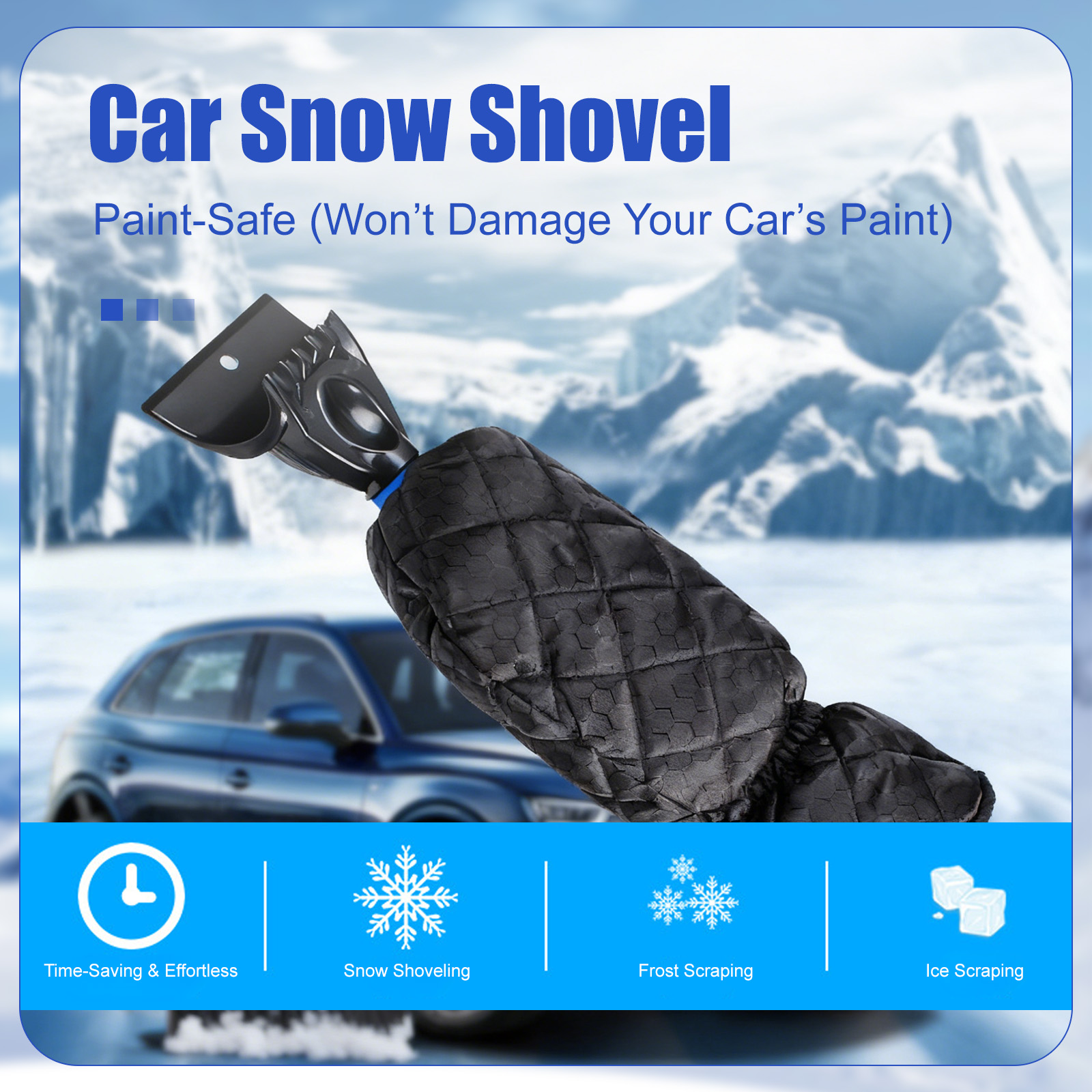 Car Snow Shovel with Warm Fleece Sleeve – Paint-Safe Winter Ice/Snow Removal Tool