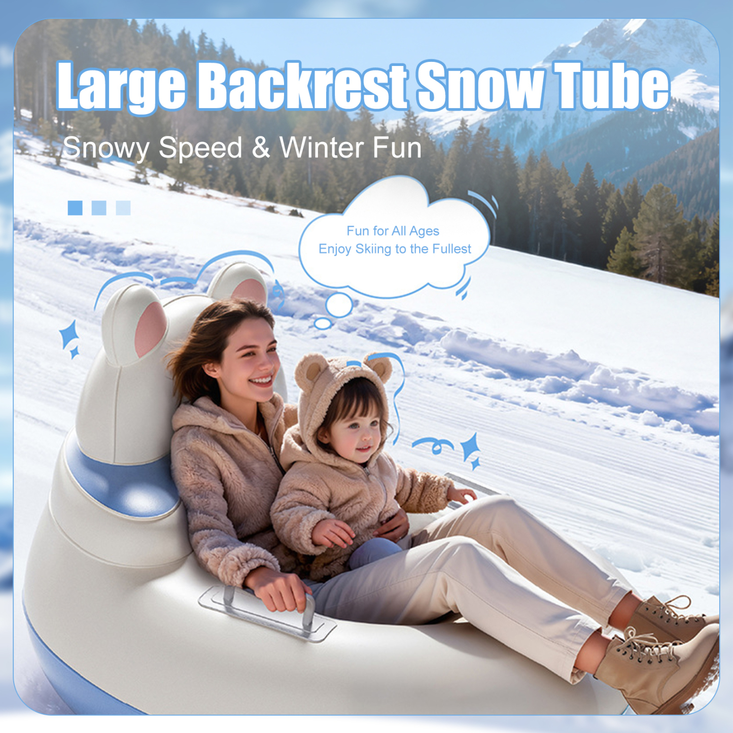 Bear-Shaped Large Backrest Snow Tube – Parent-Child Winter Sledding Tube with Quick Inflation