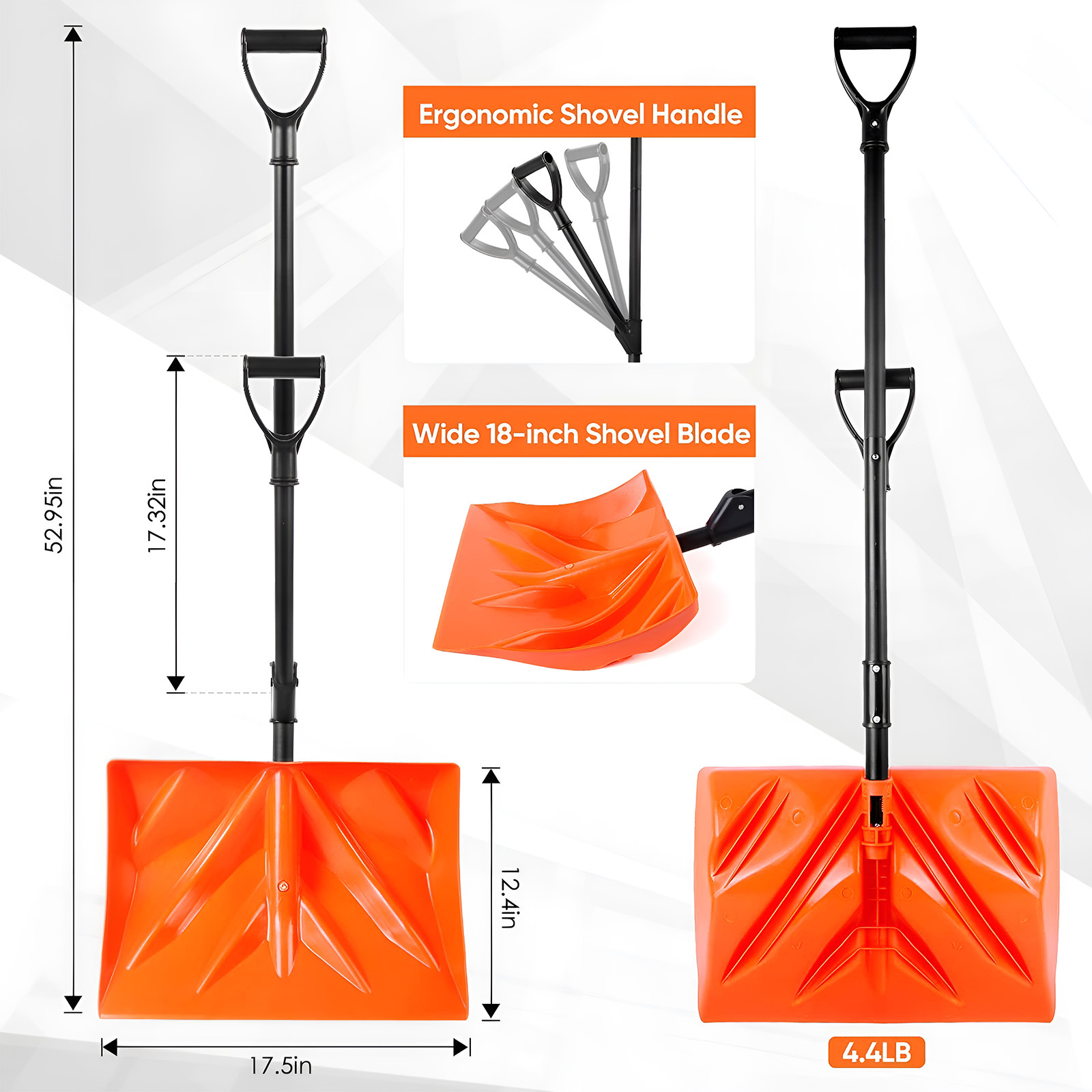 Double D-Handle Heavy Duty Aluminum Snow Shovel - 18-Inch Wide Blade
