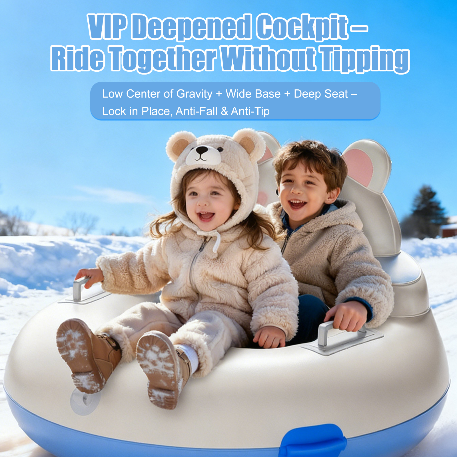 Bear-Shaped Large Backrest Snow Tube – Parent-Child Winter Sledding Tube with Quick Inflation