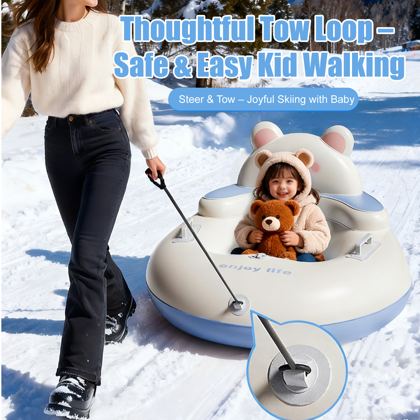 Bear-Shaped Large Backrest Snow Tube – Parent-Child Winter Sledding Tube with Quick Inflation