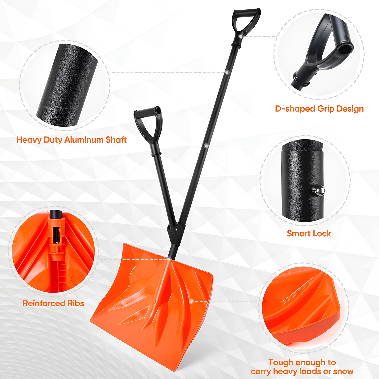 Double D-Handle Heavy Duty Aluminum Snow Shovel - 18-Inch Wide Blade