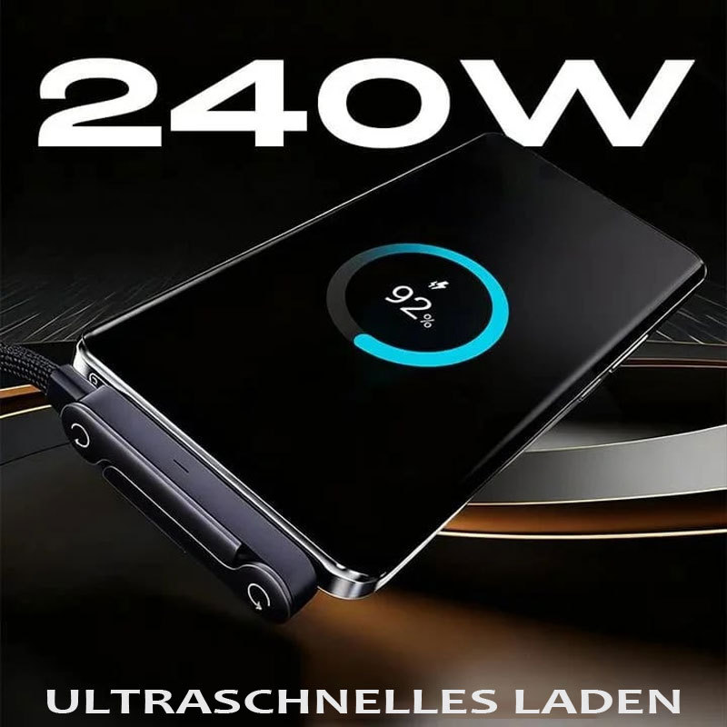 Unsichtbares 2-in-1-Ladekabel mit Halterung – 240-W-Schnellladekabel mit integrierter Handyhalterung