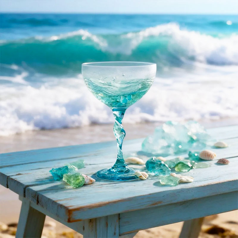 Weinglas aus Meeresglas mit Meereswellenmotiven