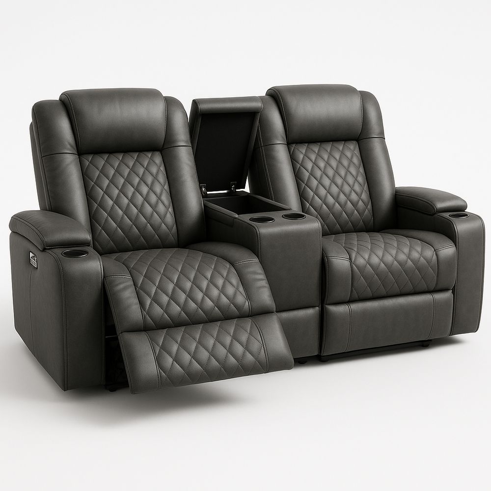 Divano reclinabile doppio in pelle sintetica nero con portabicchieri-Arctilumi