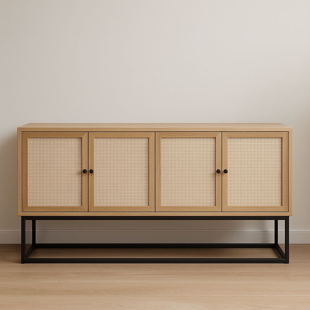 Credenza in legno naturale e rattan con struttura in metallo nero 160x40x80 cm-Arctilumi